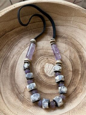 Boho Amethyst and Bone Bead Necklace - Purple